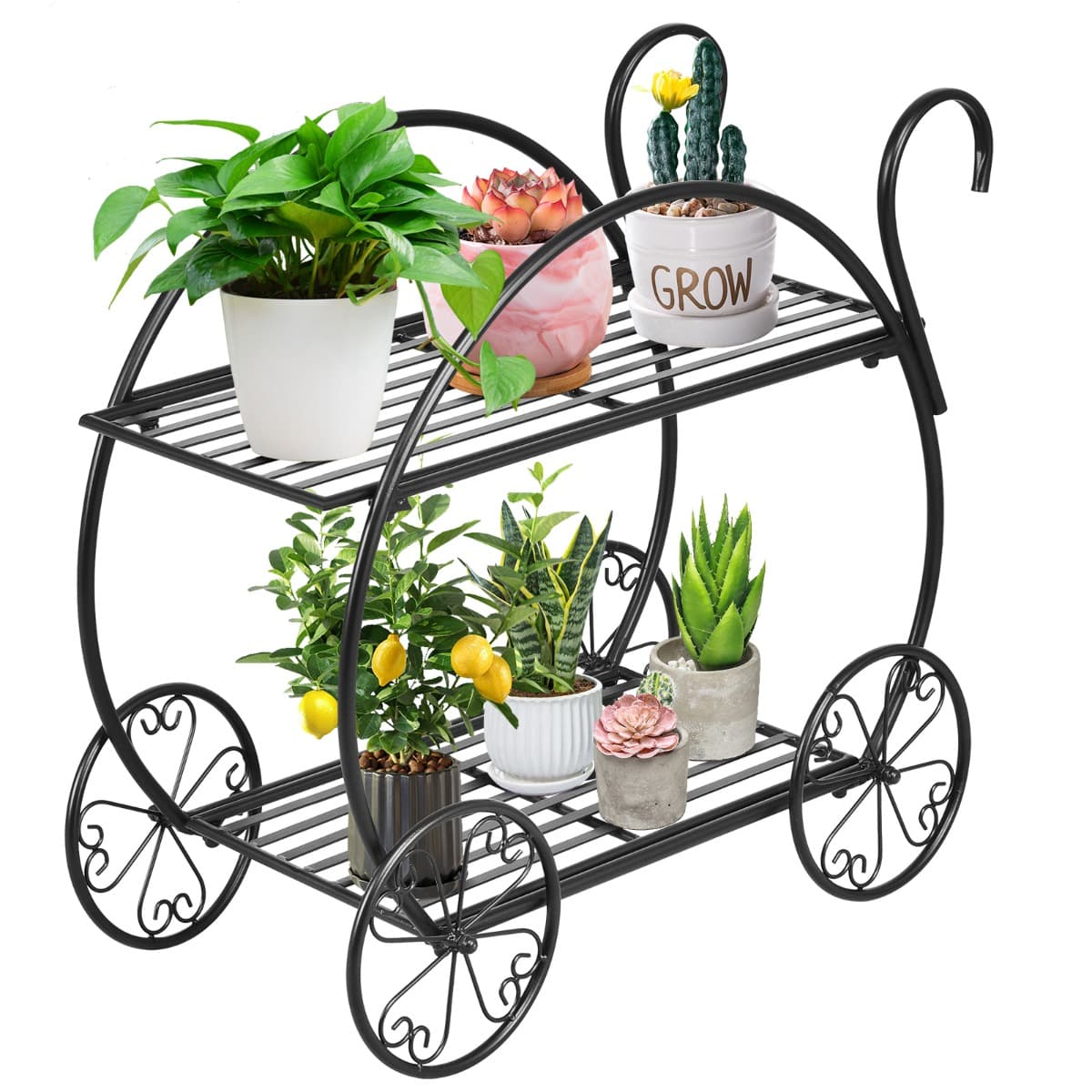 CostwayÉtagère à Fleurs Fer Forgé à 2 Niveaux 34x66x62,5CM Étagère pour Plantes avec 4 Roues Décoratives pour Balcon Jardin Cour