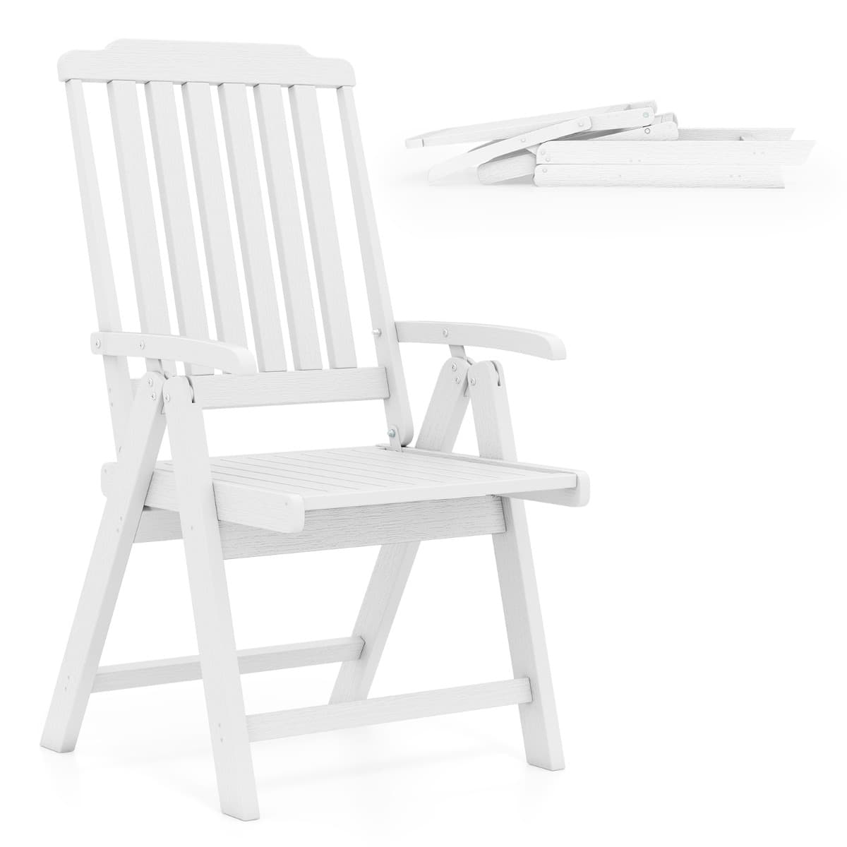 CostwayChaise de Patio Pliable Chaise en HDPE Résistante aux Intempéries avec Accoudoir Dossier Courbé Siège à Lattes Fauteuil Charge 150 kg Blanc
