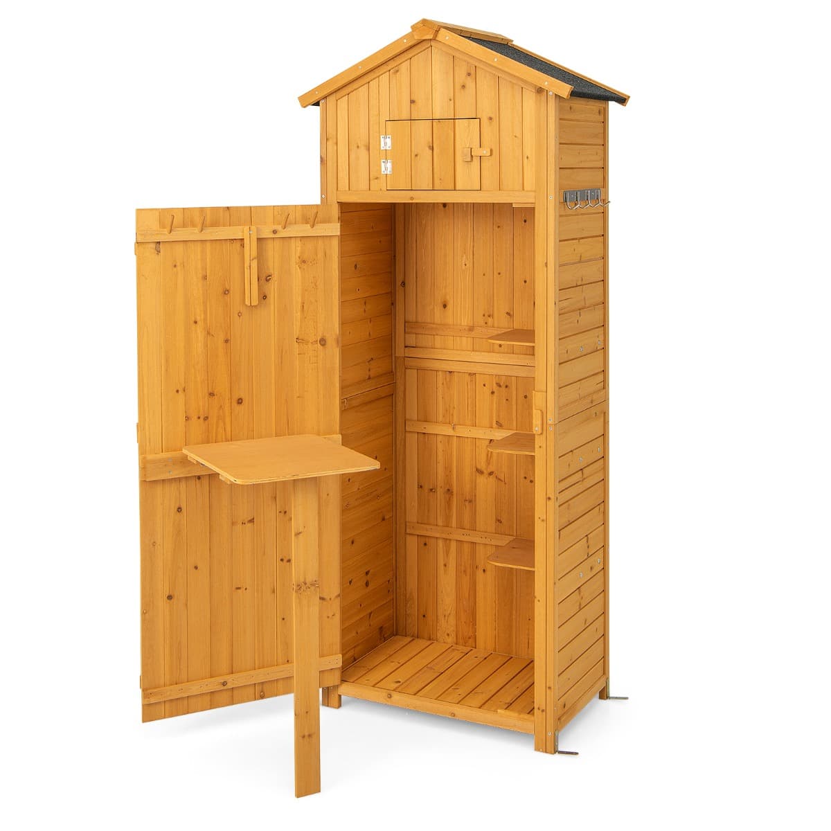 CostwayArmoire de Jardin en Bois Imperméable avec Toit Abri de Jardin avec Table Pliable Étagères et 8 Crochets 75x50x180,5CM
