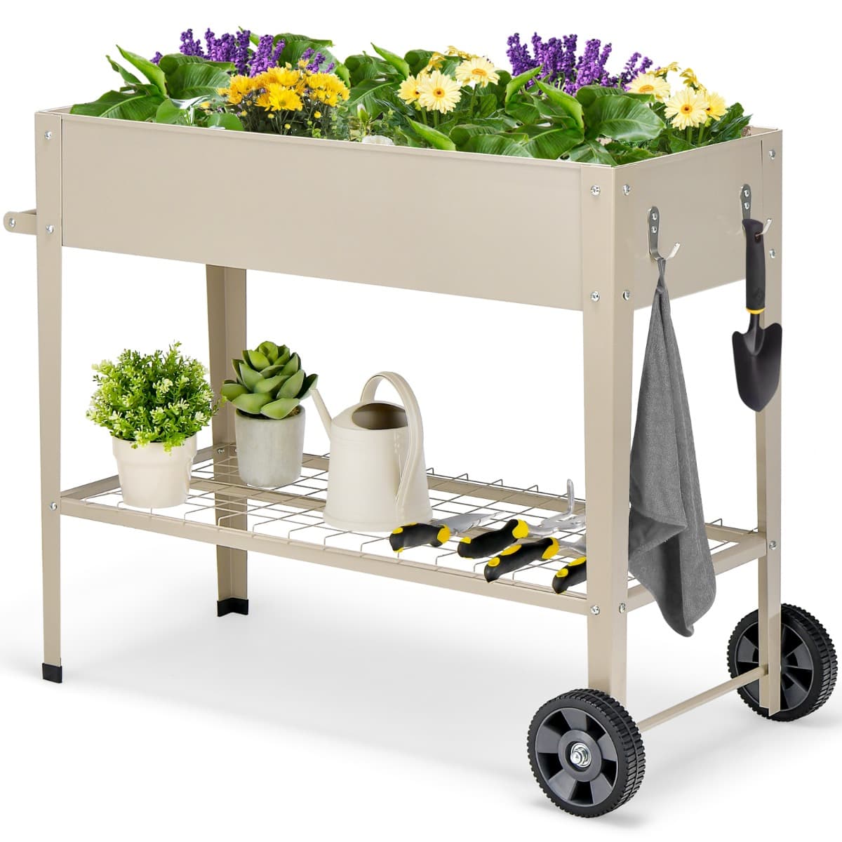 CostwayJardinière Surélevé en Métal avec Pieds Lit de Jardin sur Roulette avec Étagère Trous de Drainage Crochets de Suspension et Poignée Blanc
