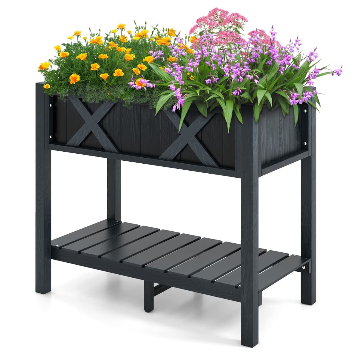 CostwayJardinière Surélevé en HIPS Trous de Drainage Étagère de Rangement Inférieure Barres Transversales Renforcées Noir